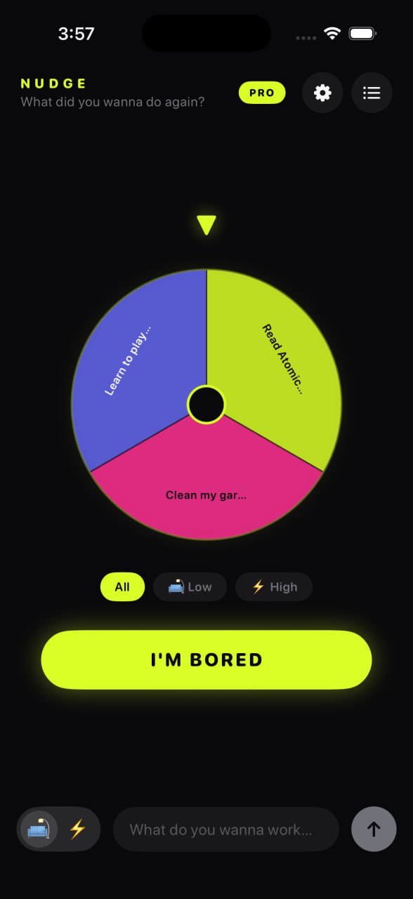 Nudge home screen showing the spin wheel and I'm Bored button