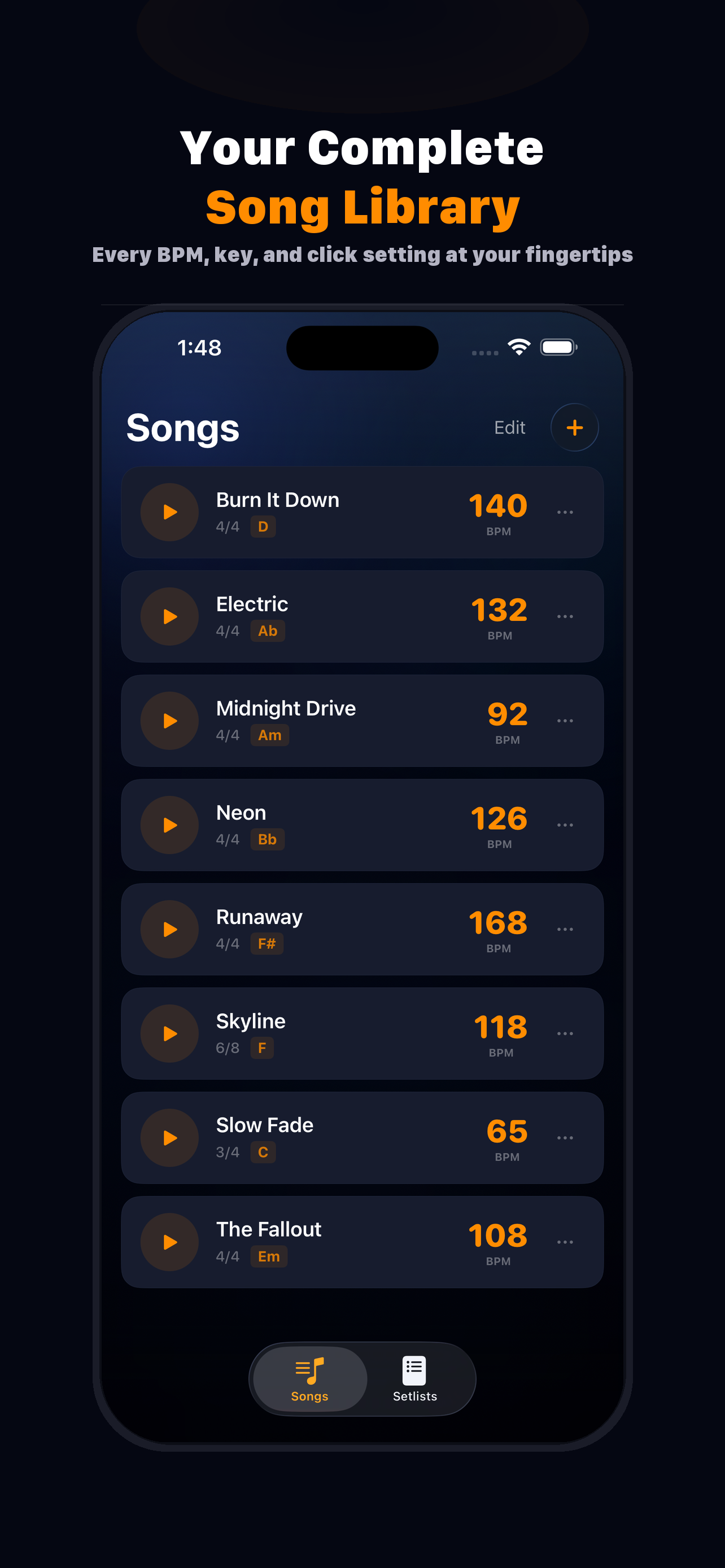 SetClick screenshot showing song library