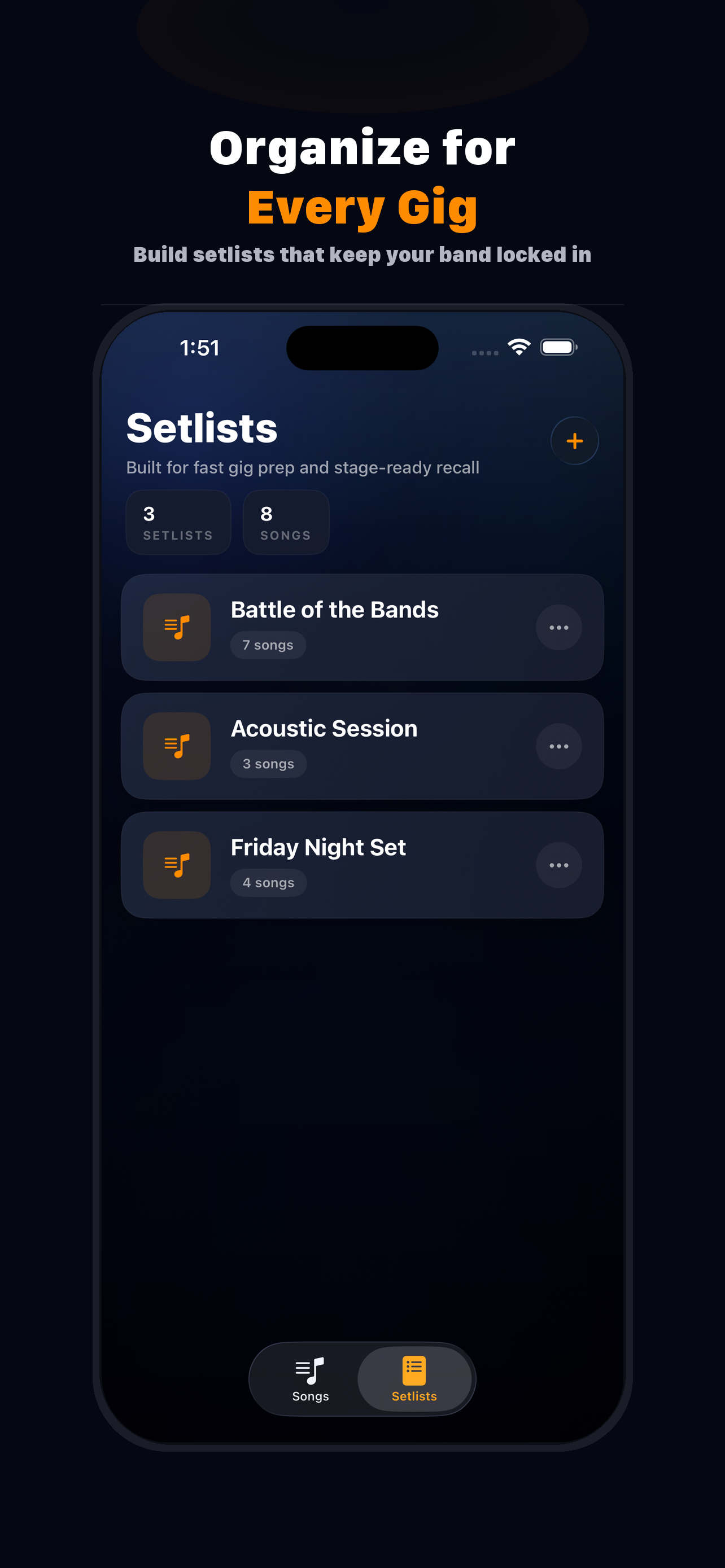 SetClick screenshot showing setlists for gigs