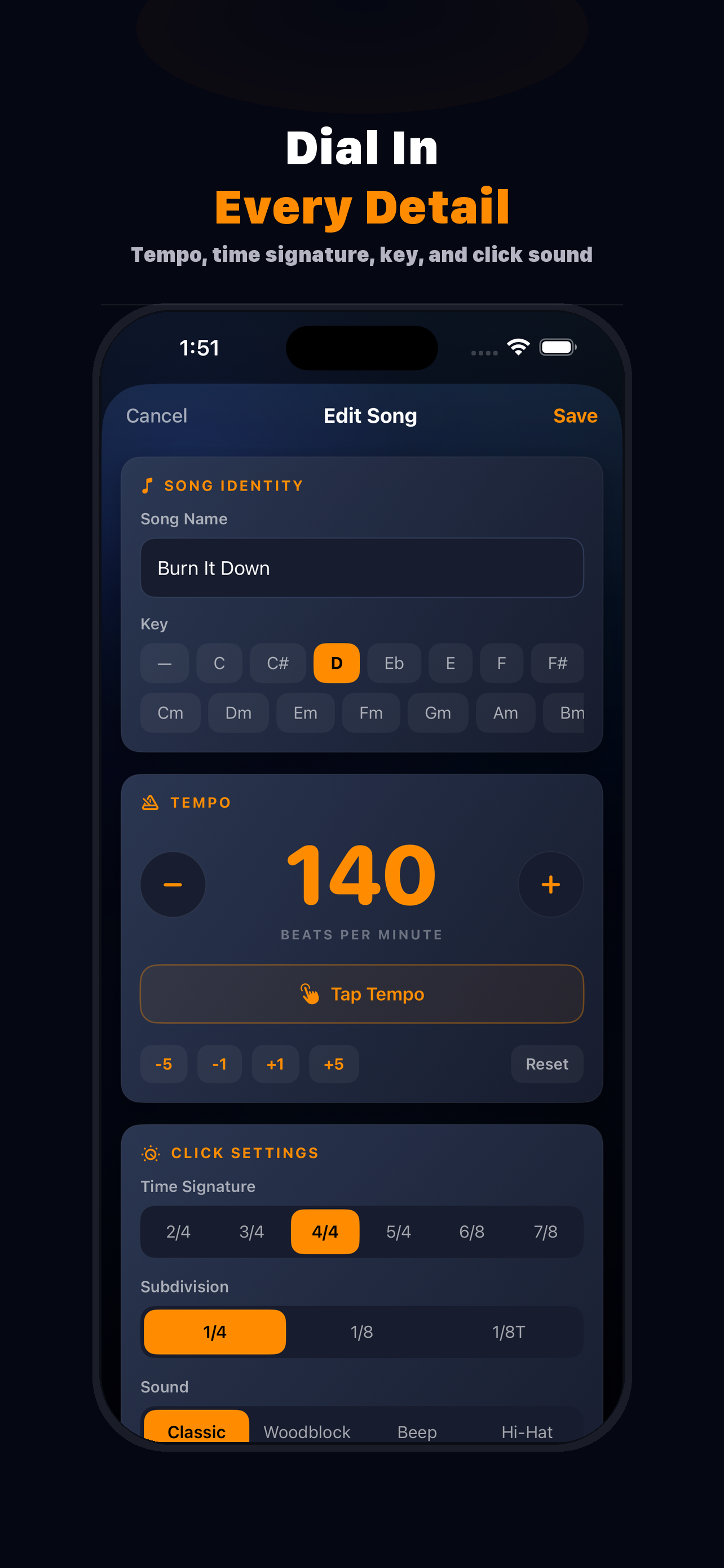 SetClick screenshot showing song detail controls
