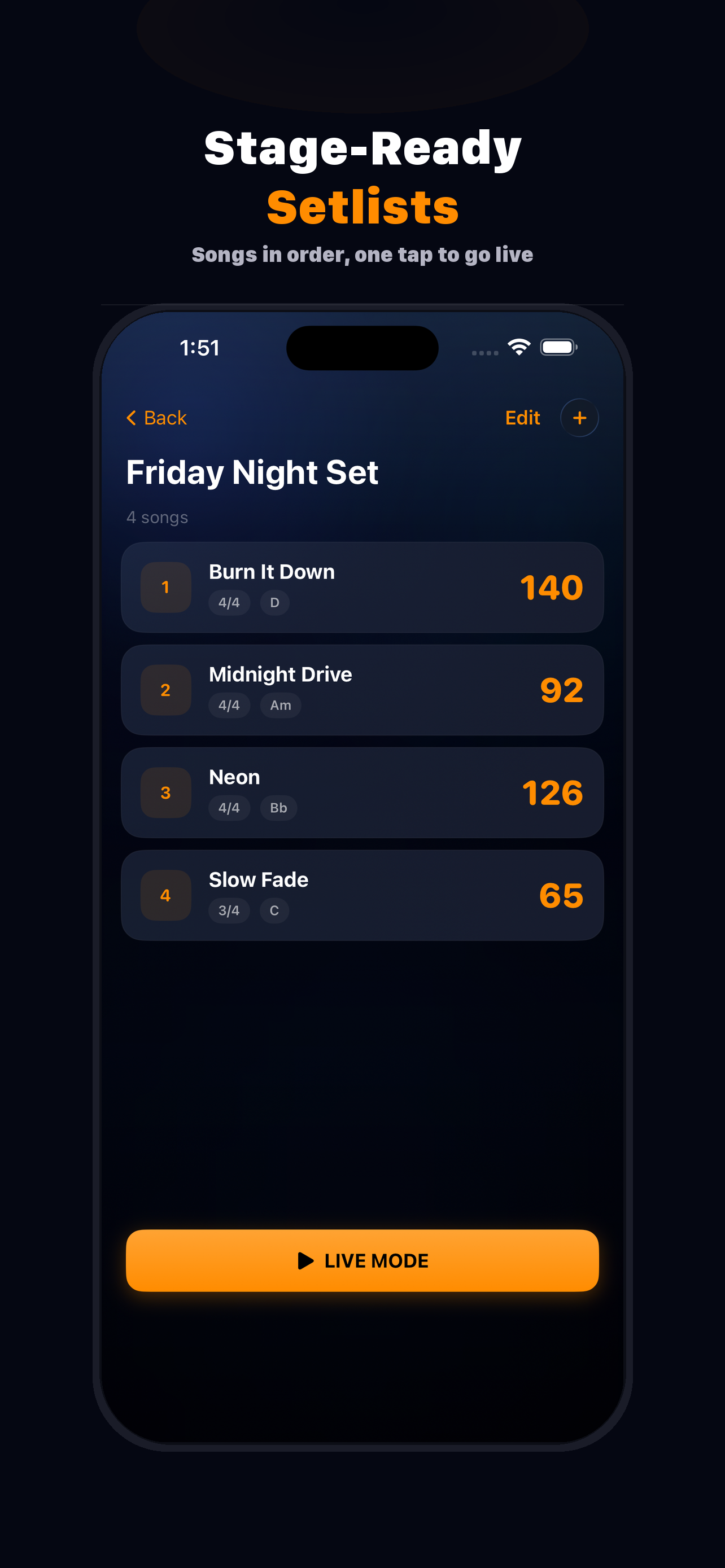 SetClick screenshot showing stage-ready setlists